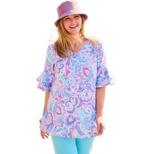 Woman Within Plus Size Ruffled Elbow-Sleeve Tunic(Lilac Multi Paisley)