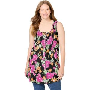 Woman Within Plus Size Sleeveless Pintuck Gauze Shirt(Black Multi Fun Floral)