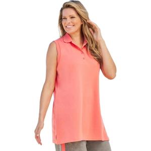 Woman Within Plus Size Sleeveless Polo Tunic(Sweet Coral)