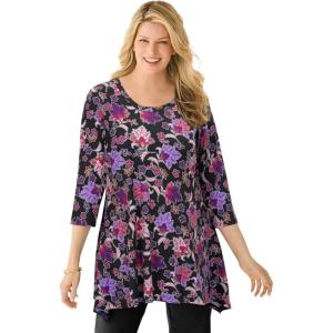 Woman Within Plus Size Swing Hem Tunic(Black Violet Lace)