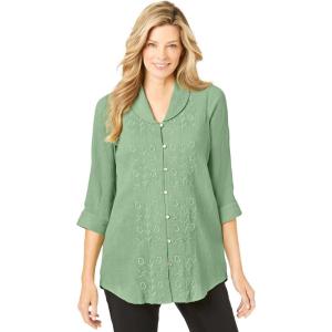 Woman Within Plus Size Textured Gauze Tunic With Shawl Collar(Sage)