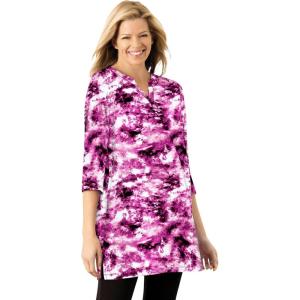 Woman Within Plus Size Three-Quarter Sleeve Notch-Neck Tunic(Raspberry Pretty Tie-dye)