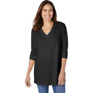 Woman Within Plus Size Three-Quarter Sleeve Thermal Sweatshirt(Black)