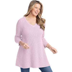 Woman Within Plus Size V-Neck Shaker Trapeze Sweater(Pink)