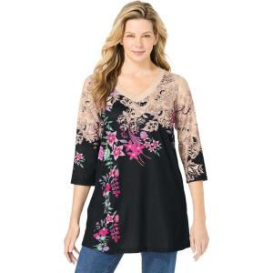 Woman Within Plus Size Watercolor Tunic(Black Khaki Floral)