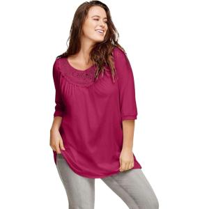 ellos Plus Size Crochet Trim Tunic(Berry Red)