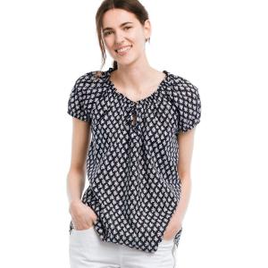ellos Plus Size Keyhole Neckline Peasant Blouse(Navy/White Print)