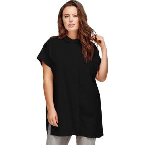ellos Plus Size Linen-Blend Button Front Tunic(Black)