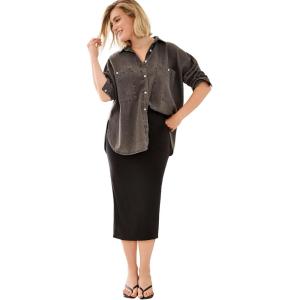 ellos Plus Size Oversized Button-Front Denim Shirt(Dark Grey Wash)