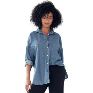 ellos Plus Size Oversized Button-Front Denim Shirt(Medium Stonewash)