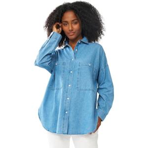 ellos Plus Size Oversized Button-Front Denim Shirt(Stonewash)
