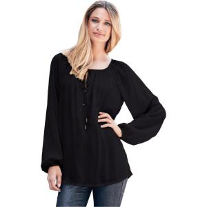 ellos Plus Size Tie Neck Peasant Tunic(Black)