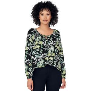ellos Plus Size Tie Neck Peasant Tunic(Black Multi Green Floral)
