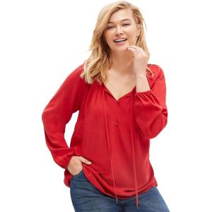 ellos Plus Size Tie Neck Peasant Tunic(Rich Red)