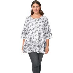 ellos Plus Size Tiered Floral 3/4 Sleeve Tunic(Black White Print)
