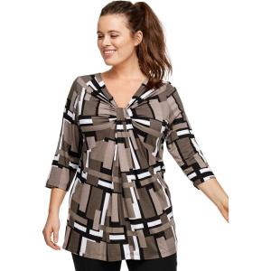 ellos Plus Size Twisted Knot-Front Tunic(Black White Print)