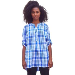 ellos Women’s Plus Size Striped Henley Tunic Oversized Long Top Wear with Leggings(Blue Plaid)