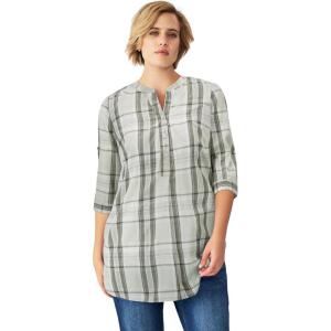 ellos Women’s Plus Size Striped Henley Tunic Oversized Long Top Wear with Leggings(Desert Sage Plaid)