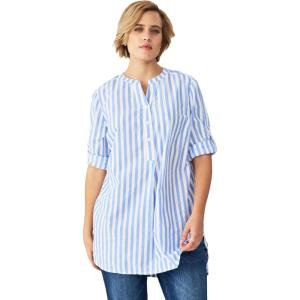 ellos Women’s Plus Size Striped Henley Tunic Oversized Long Top Wear with Leggings(Dream Blue Stripe)