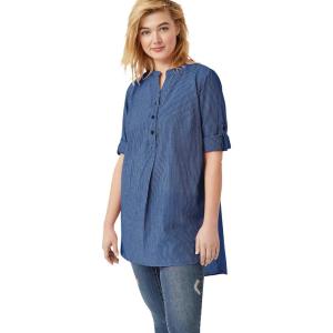 ellos Women’s Plus Size Striped Henley Tunic Oversized Long Top Wear with Leggings(Royal Cobalt Stripe)