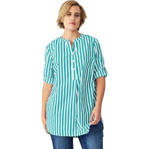 ellos Women’s Plus Size Striped Henley Tunic Oversized Long Top Wear with Leggings(Tropical Jade Stripe)