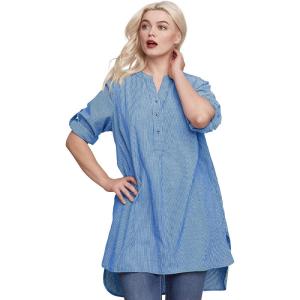ellos Women’s Plus Size Striped Henley Tunic Oversized Long Top Wear with Leggings(Ultramarine Stripe)