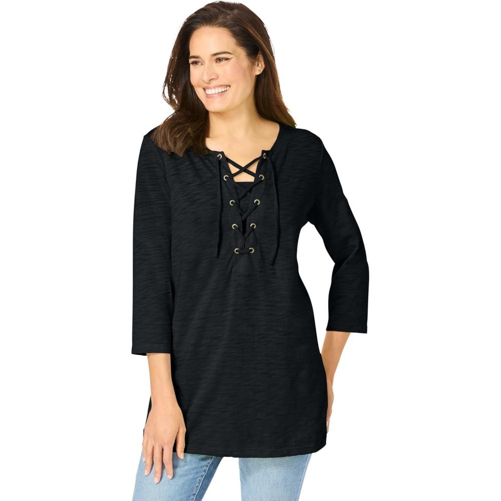 imageWoman Within Plus Size LaceUp ThreeQuarter Sleeve TeeBlack