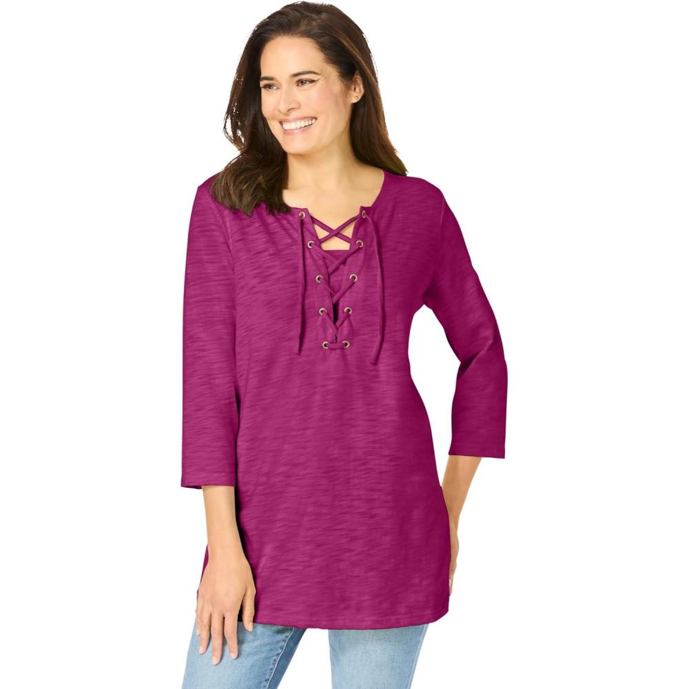 imageWoman Within Plus Size LaceUp ThreeQuarter Sleeve TeeRaspberry