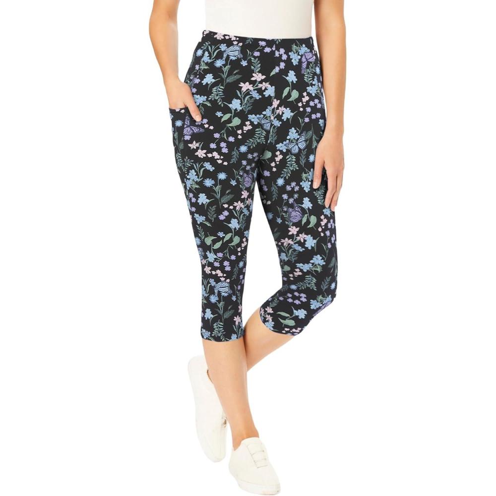imageWoman Within Plus Size Petite StretchCotton Knit PullOn Printed Pocket Capri LeggingsBlack Blue Butterflies