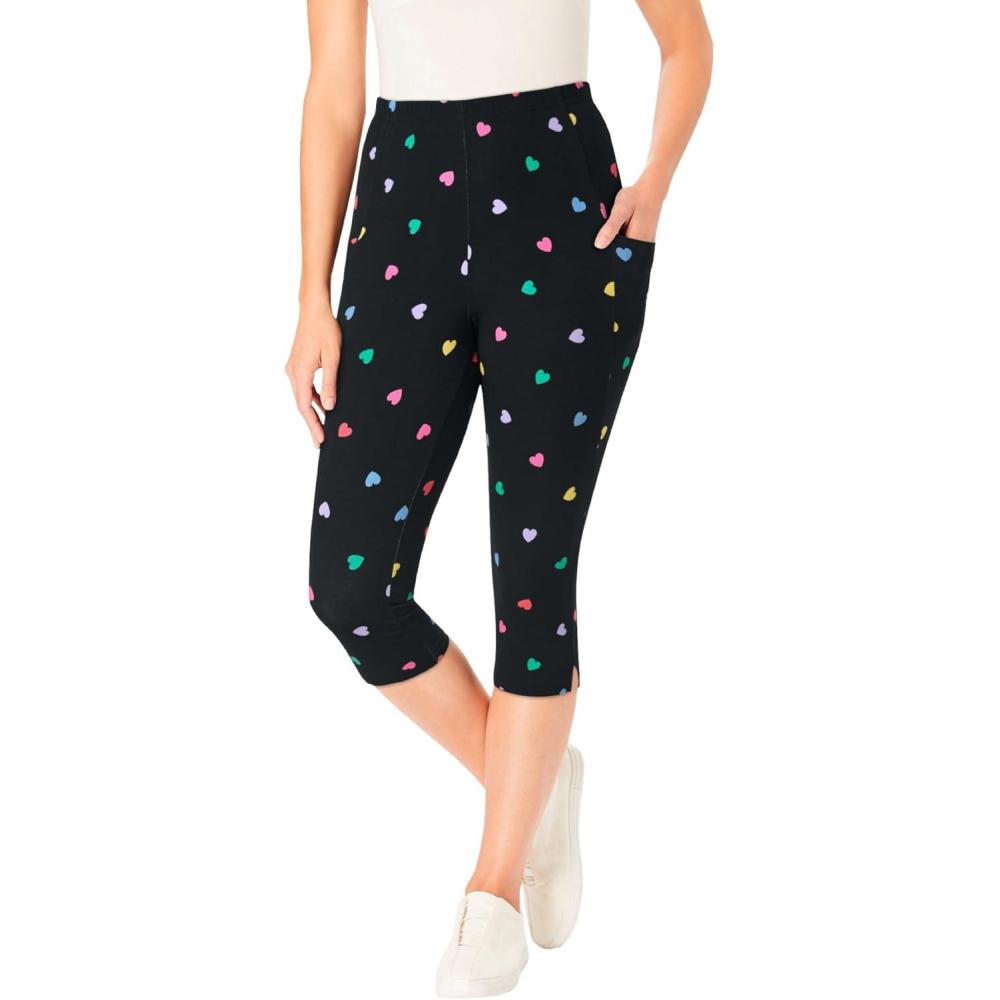 imageWoman Within Plus Size Petite StretchCotton Knit PullOn Printed Pocket Capri LeggingsBlack Multi Hearts