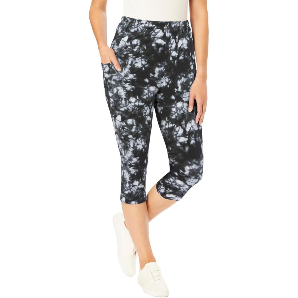 imageWoman Within Plus Size Petite StretchCotton Knit PullOn Printed Pocket Capri LeggingsBlack White Tie Dye
