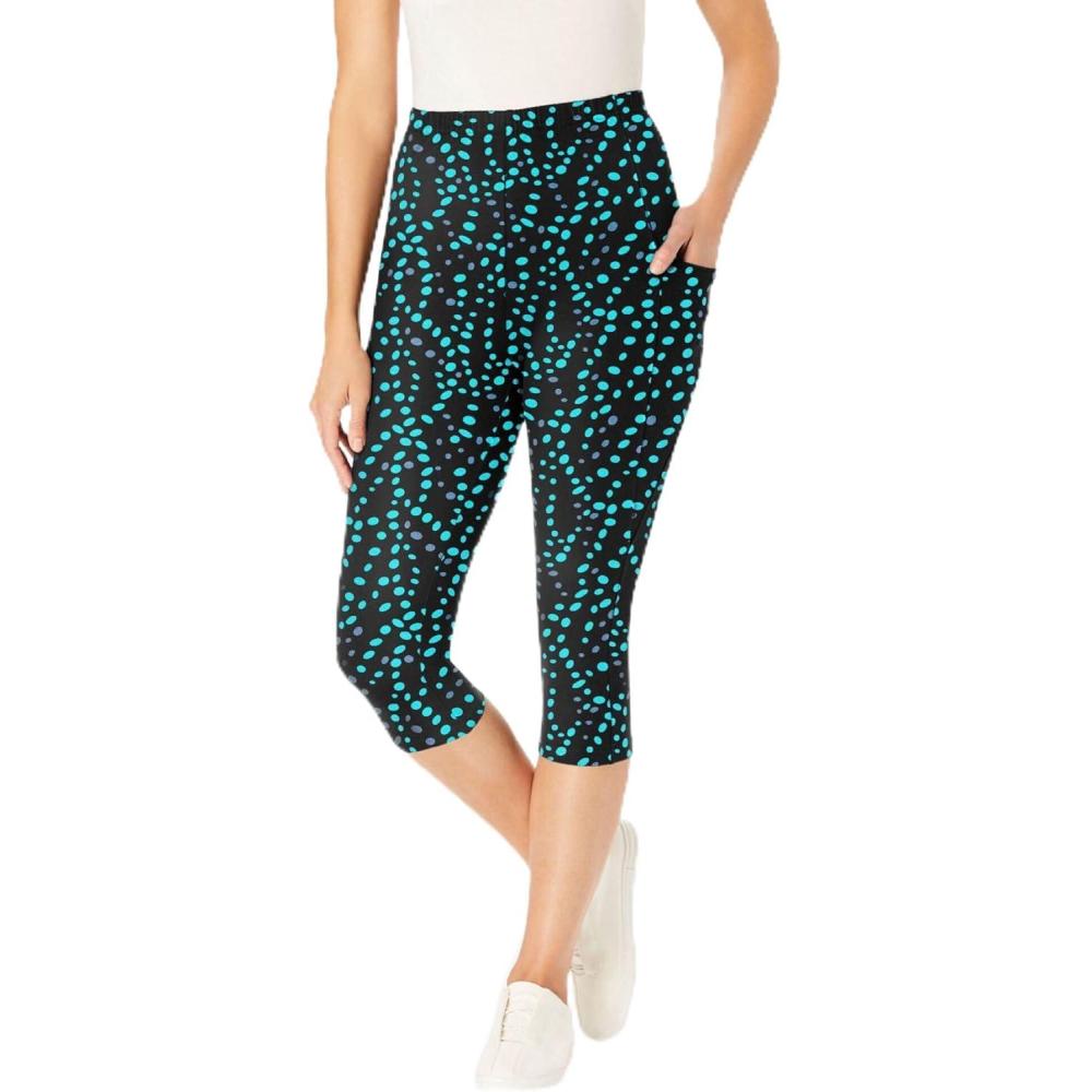 imageWoman Within Plus Size Petite StretchCotton Knit PullOn Printed Pocket Capri LeggingsWaterfall Dots
