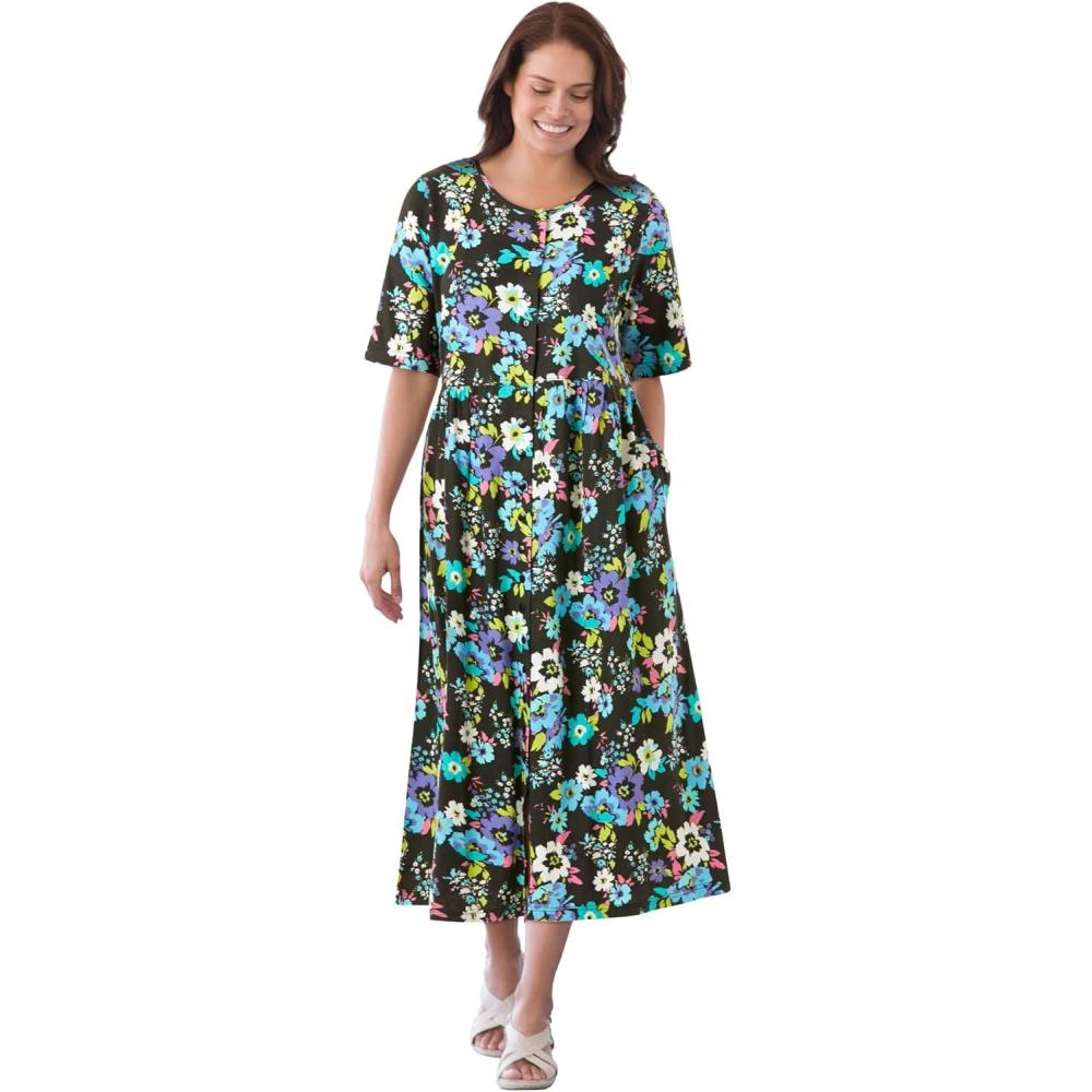 imageWoman Within Plus Size ShortSleeve ButtonFront Pocket Dress Petite Available  6X Black Garden