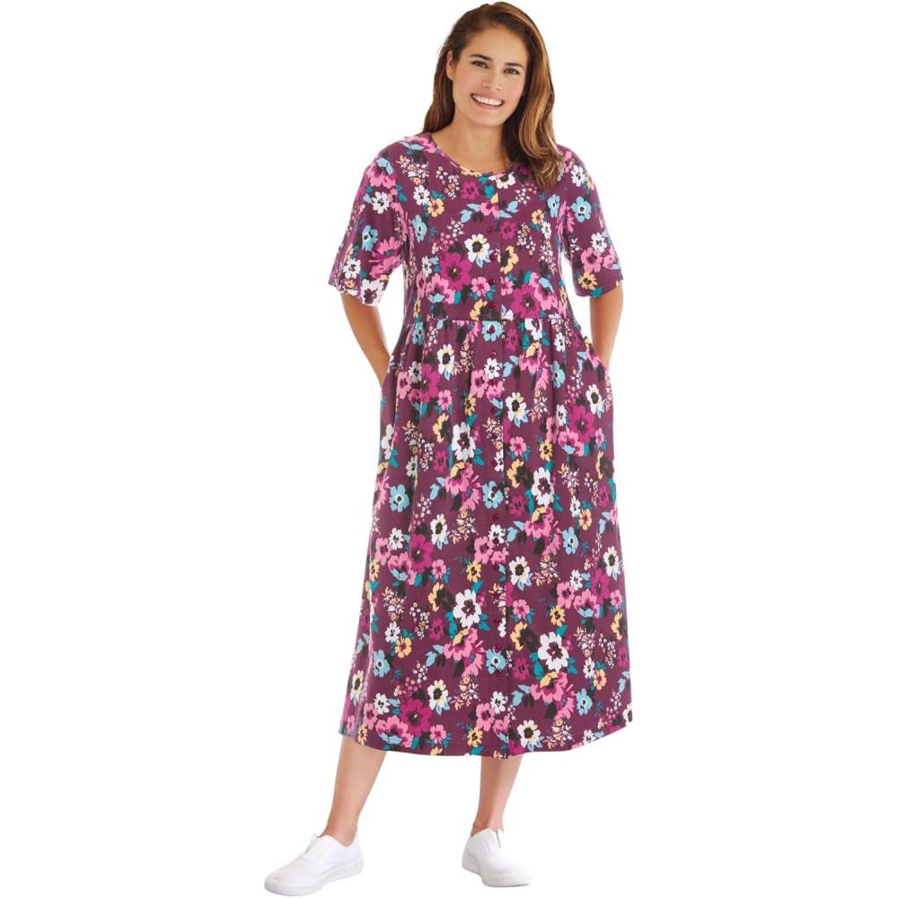 imageWoman Within Plus Size ShortSleeve ButtonFront Pocket Dress Petite Available  7X Deep Claret Multi Garden
