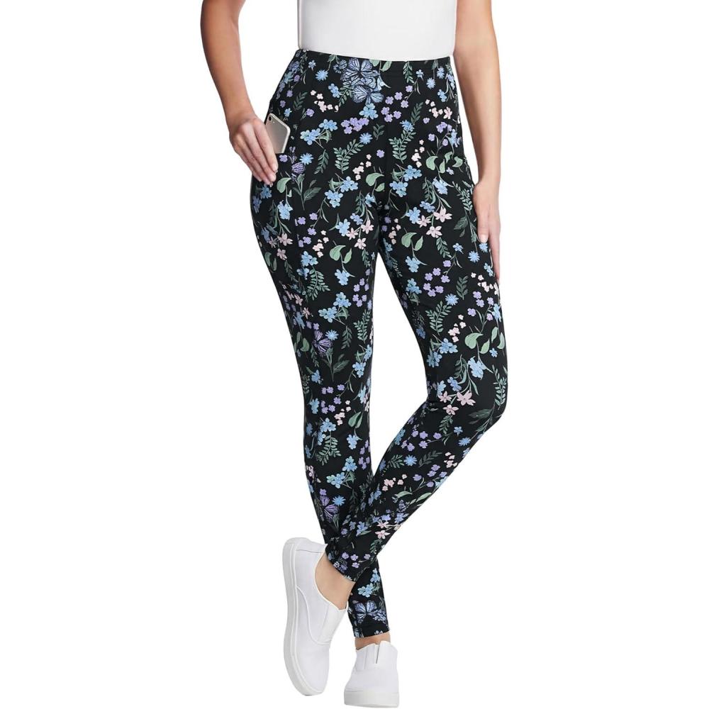 imageWoman Within Plus Size Tall StretchCotton Knit PullOn Printed Pocket LeggingsBlack Blue Butterflies