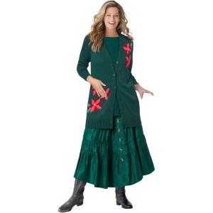 Woman Within Plus Size Holiday Motif Cardigan Sweater(Emerald Green Poinsettia)