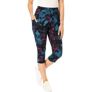 Woman Within Plus Size Petite Stretch-Cotton Knit Pull-On Printed Pocket Capri Leggings(Black Teal Lilies)
