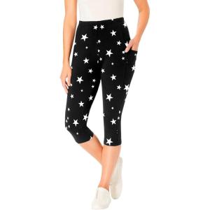 Woman Within Plus Size Petite Stretch-Cotton Knit Pull-On Printed Pocket Capri Leggings(Black White Stars)