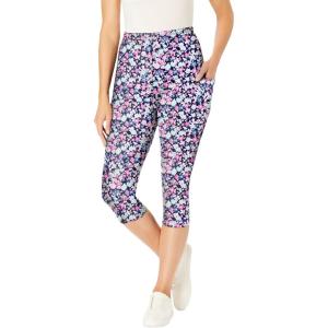 Woman Within Plus Size Petite Stretch-Cotton Knit Pull-On Printed Pocket Capri Leggings(Navy Happy Ditsy)
