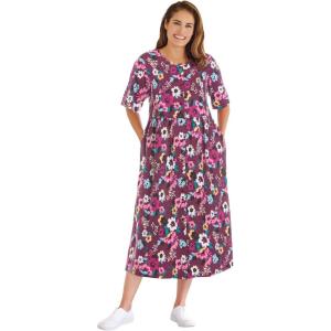Woman Within Plus Size Short-Sleeve Button-Front Pocket Dress (Petite Available) – 2X, Deep Claret Multi Garden