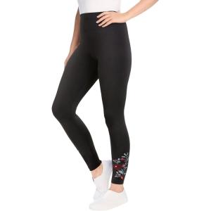 Woman Within Plus Size Stretch-Cotton Knit Pull-On Embroidered Leggings(Black Floral Embroidery)
