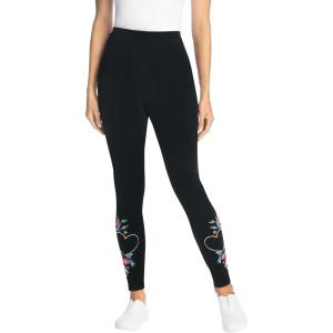 Woman Within Plus Size Stretch-Cotton Knit Pull-On Embroidered Leggings(Black Heart Bloom)