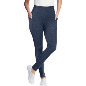Woman Within Plus Size Stretch-Cotton Knit Pull-On Pocket Leggings(Heather Navy)