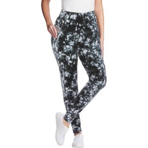 Woman Within Plus Size Stretch-Cotton Knit Pull-On Printed Pocket Leggings(Black White Tie Dye)