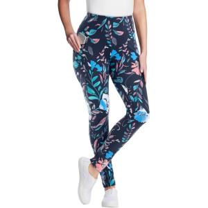 Woman Within Plus Size Tall Stretch-Cotton Knit Pull-On Printed Pocket Leggings(Navy Coral Multi Floral)