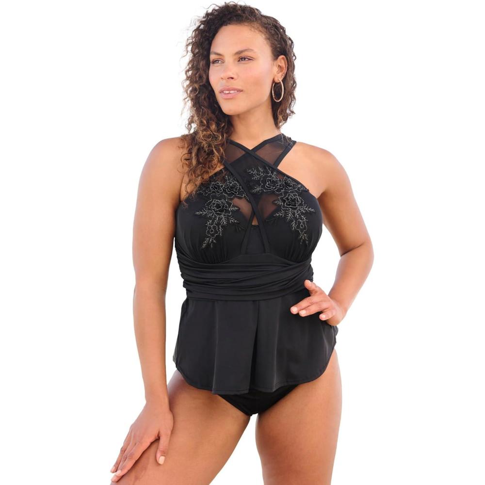 imageSwim 365 Womens Plus Size Laceappliqud HighNeck TankiniBlack