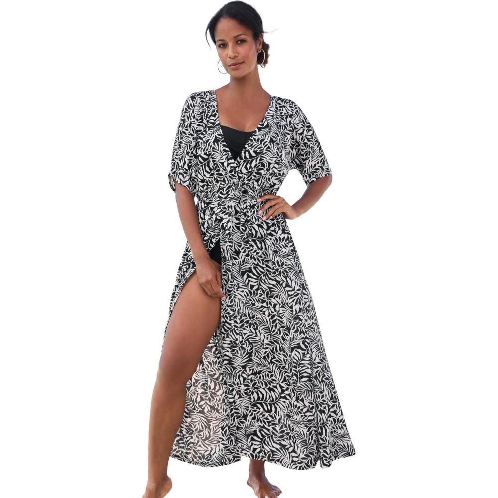 imageSwimsuits For All Swim 365 Womens Plus Size FauxWrap Swim Cover UpBlack White Palms