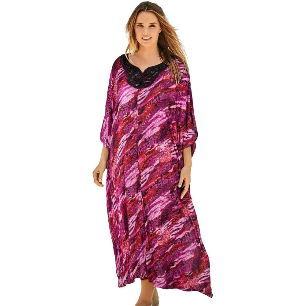 imageSwimsuits For All Swim 365 Womens Plus Size Long Embellished Cover UpMerlot Mixed Animal