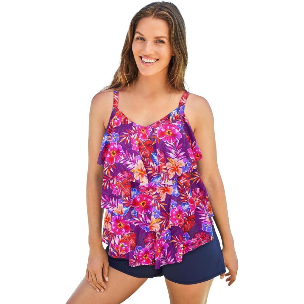 imageSwimsuits For All Swim 365 Womens Plus Size LongerLength TieredRuffle Tankini TopSpiced Hibiscus