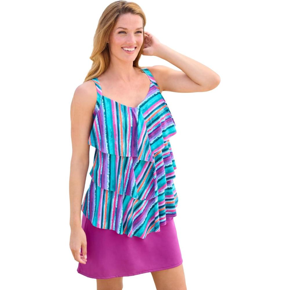 imageSwimsuits For All Swim 365 Womens Plus Size LongerLength TieredRuffle Tankini TopTurq Paradise Stripe